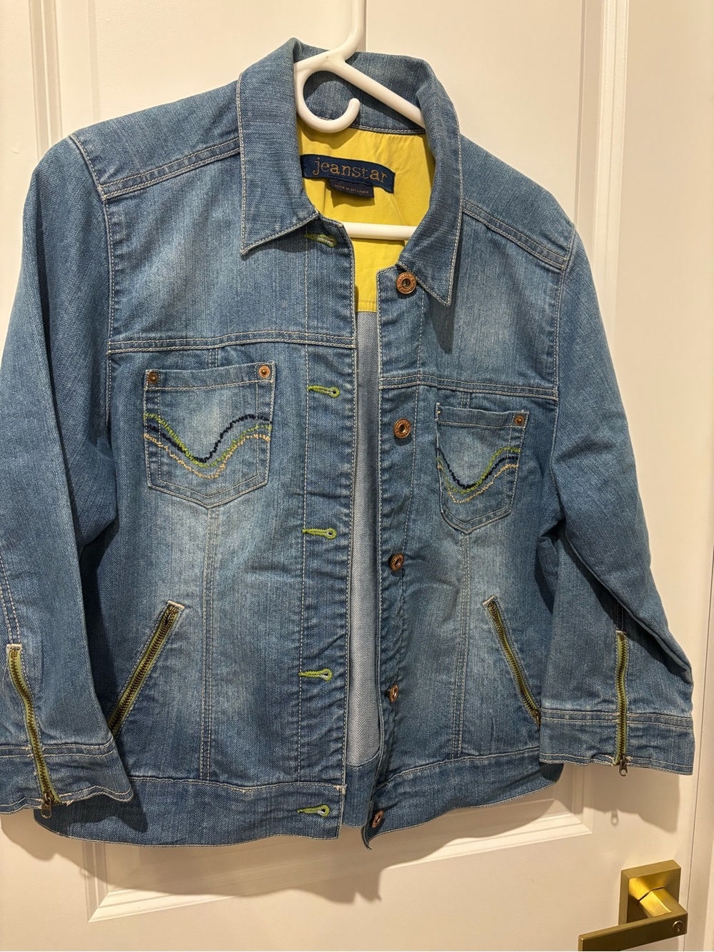 Vintage Y2K Jeanstar Jean Jacket yellow green accents zippers baggy PXL